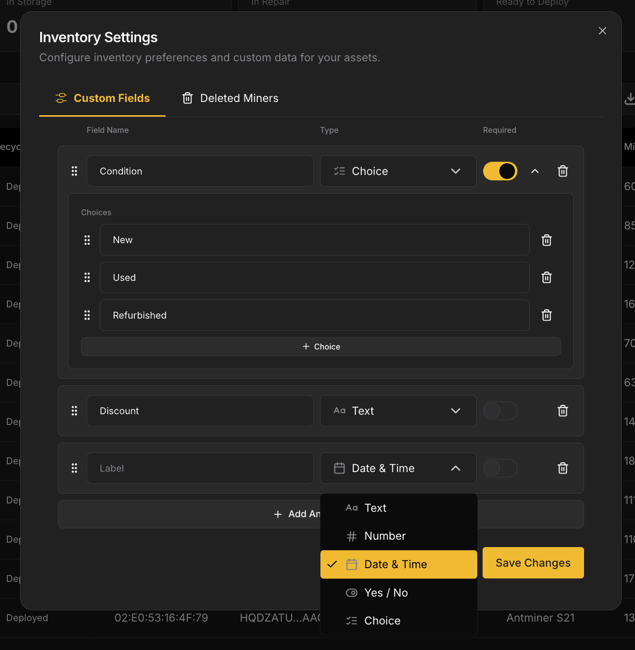 Custom Fields editor