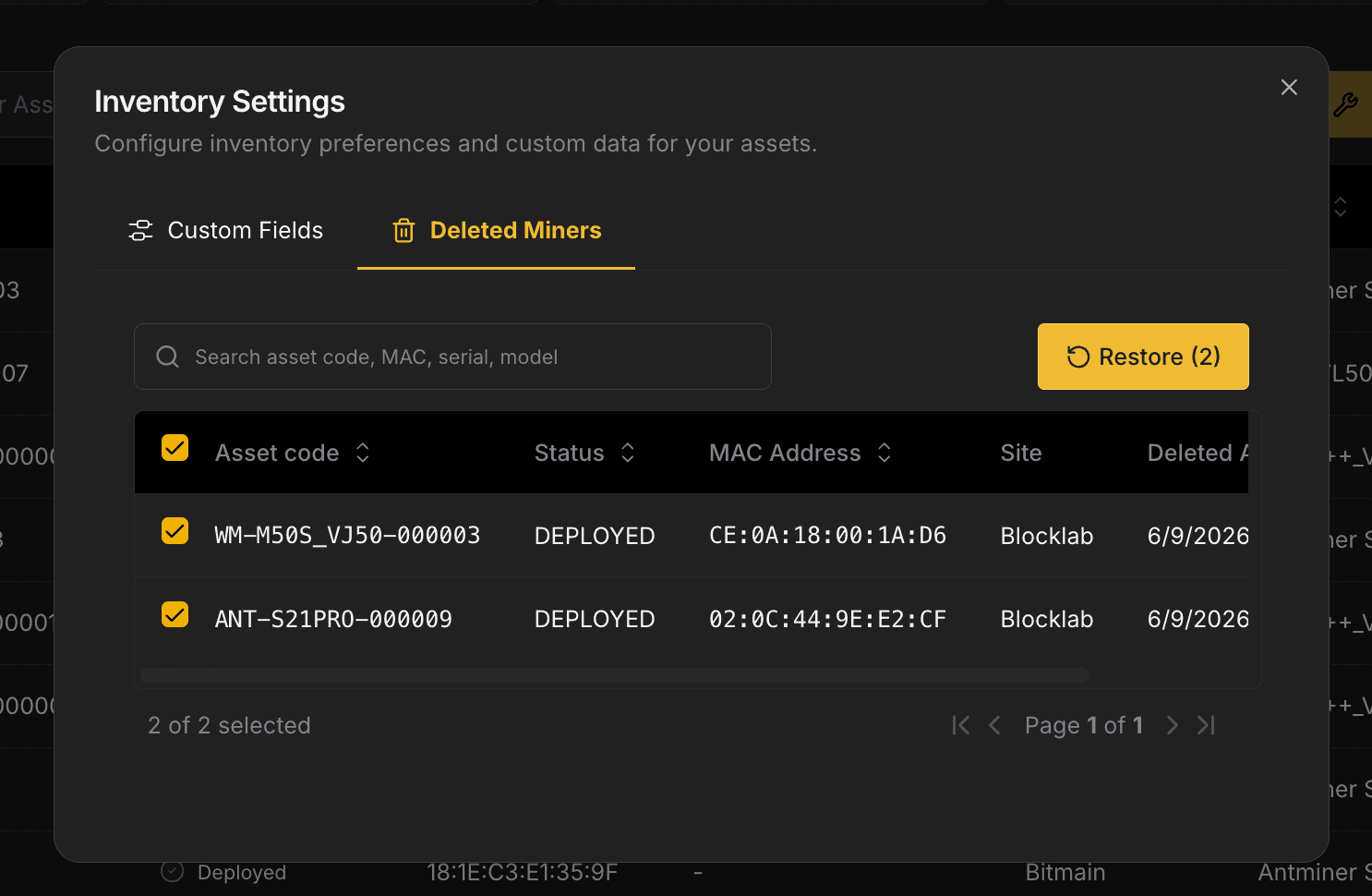 Deleted Miners and restore