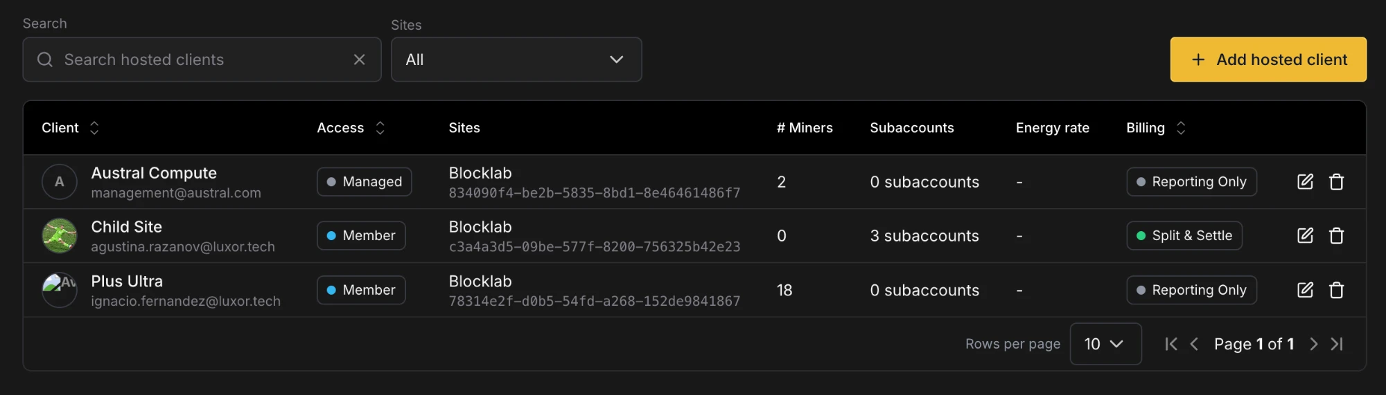 The Clients page: search, site filter, Add hosted client button and the clients table