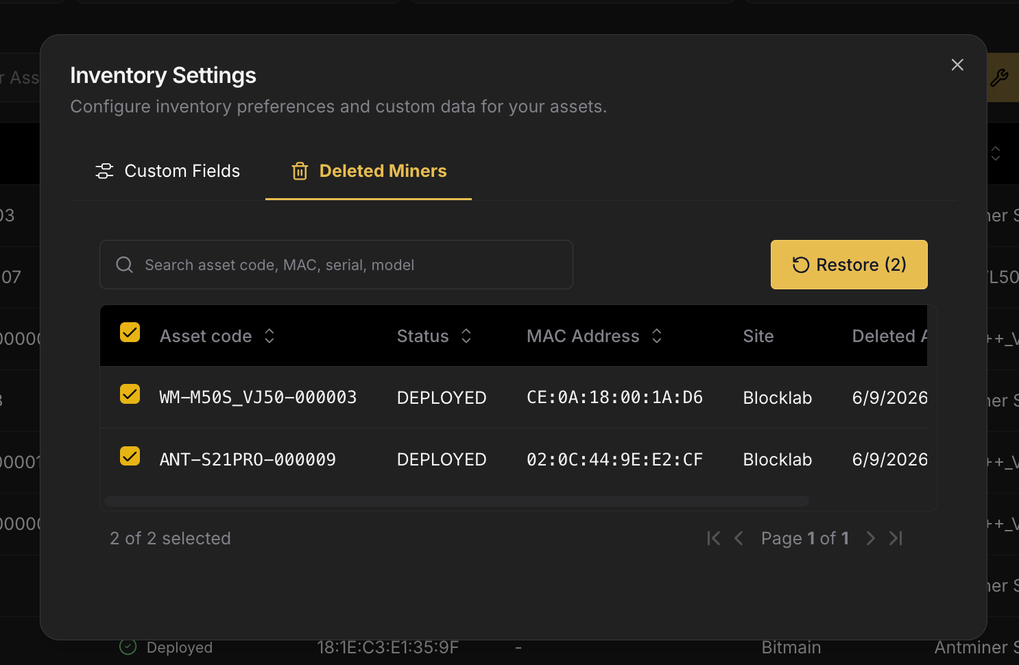 Deleted Miners and restore