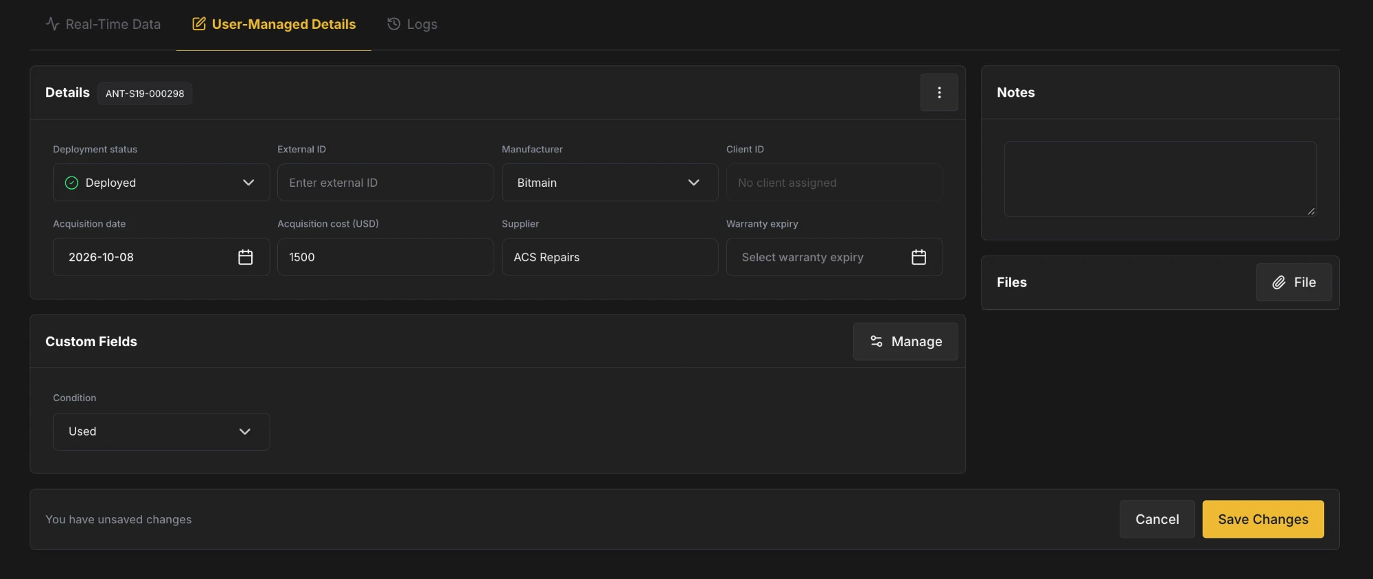 Editing a miner's user-managed details, with the save bar at the bottom