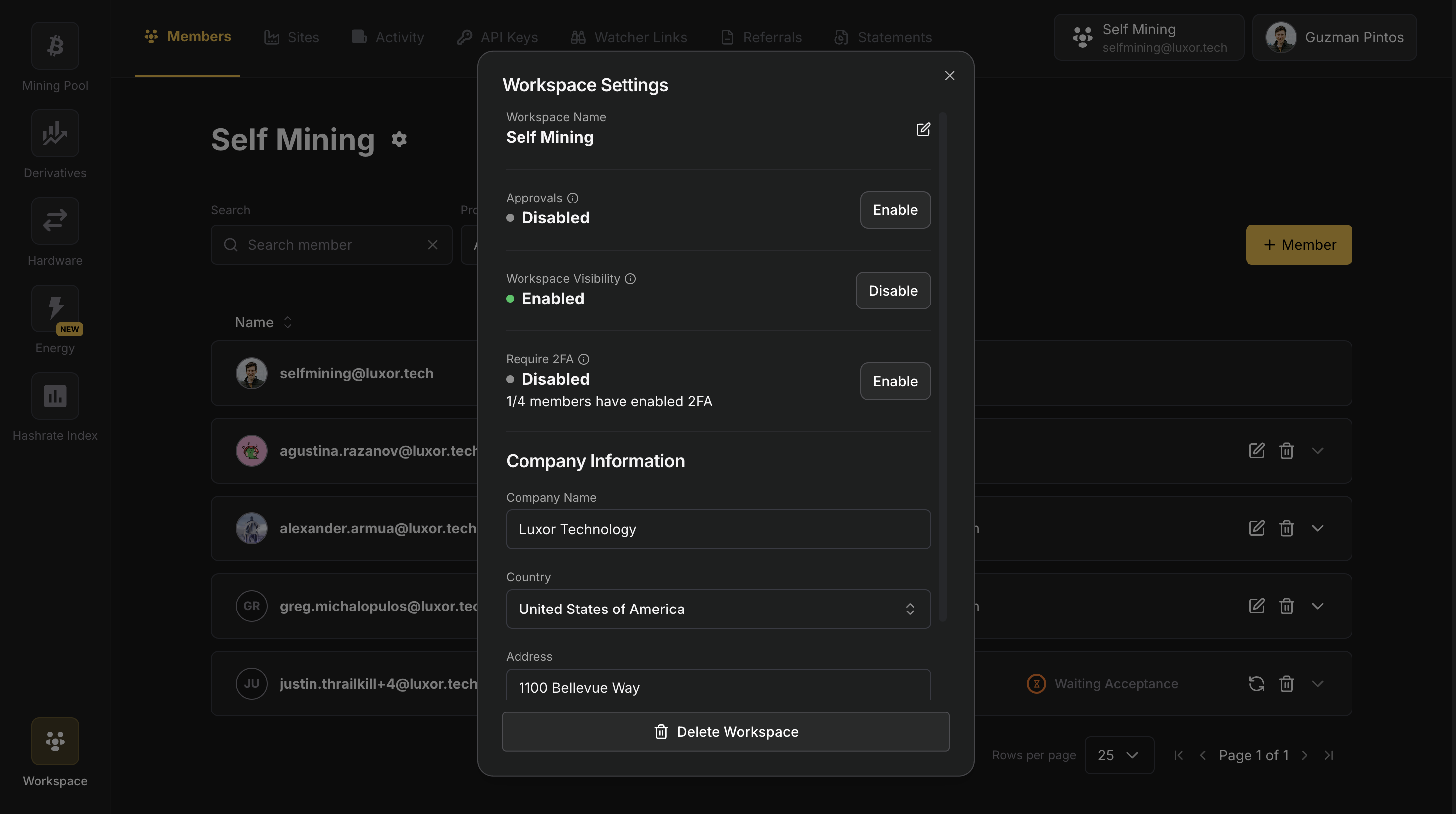 Workspaces Settings Page