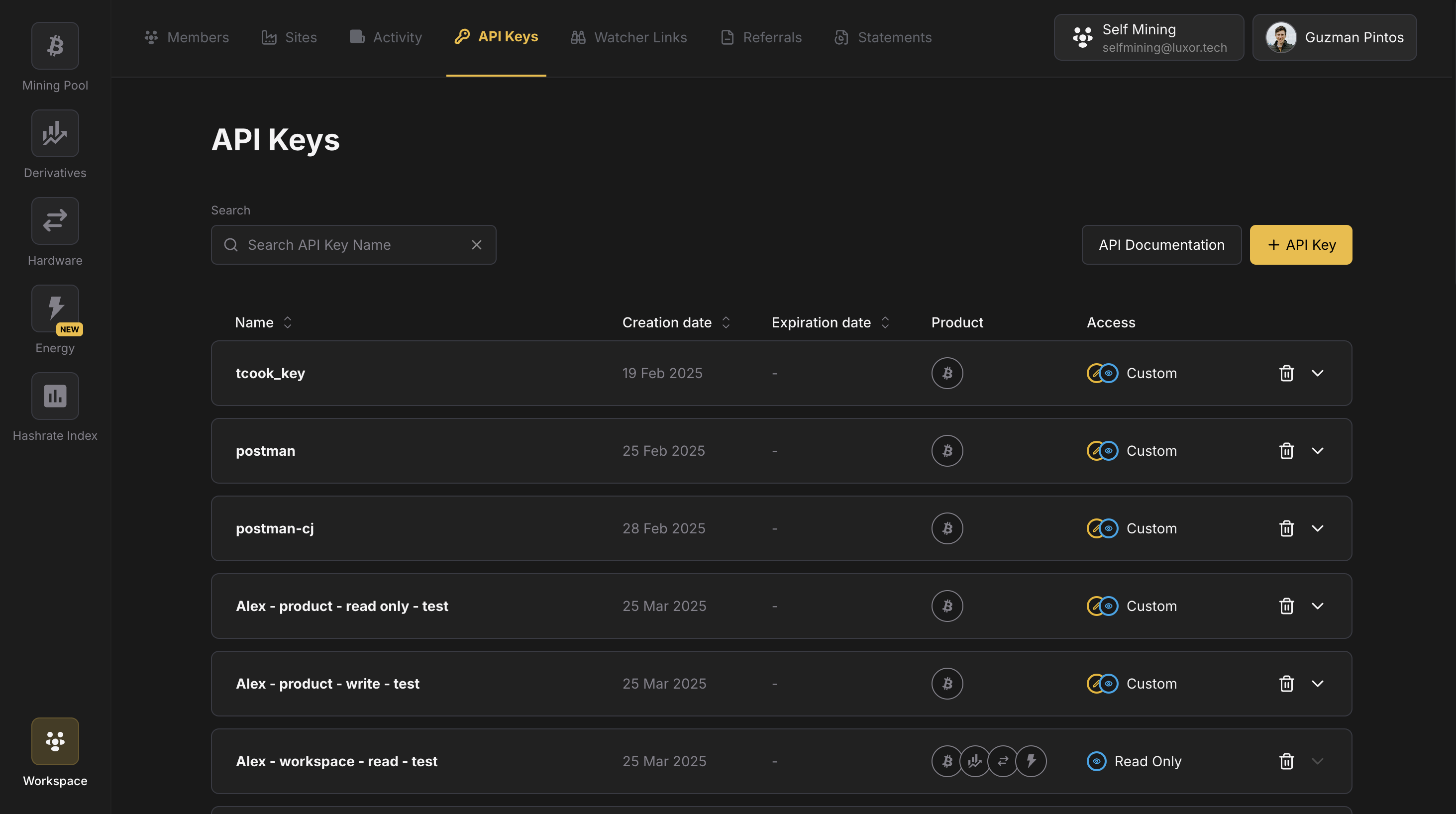 Api keys page